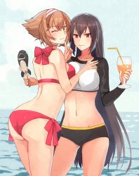 Rule 34 | 2girls, adapted costume, ass, bikini, black hair, breasts, brown hair, closed mouth, collarbone, cowboy shot, cup, drink, drinking glass, drinking straw, green eyes, groin, hair between eyes, holding, holding cup, kantai collection, kasumi (skchkko), large breasts, long hair, long sleeves, multiple girls, mutsu (kancolle), nagato (kancolle), navel, one eye closed, red bikini, red eyes, short hair, smile, swimsuit