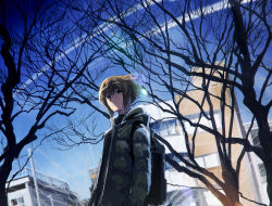 Rule 34 | 1boy, backpack, bag, bare tree, black bag, black coat, black shirt, blue sky, brown eyes, brown hair, building, closed mouth, coat, commentary request, contrail, day, dutch angle, hair between eyes, looking at viewer, male focus, moribuden, multicolored hair, outdoors, shirt, short hair, sky, solo, tree, two-tone hair, upper body, yu-gi-oh!, yu-gi-oh! gx, yuki judai
