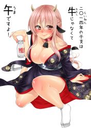 Rule 34 | 1girl, :&gt;, animal ears, bell, blush, bottle, breasts, brown eyes, cleavage, collar, cow ears, cow girl, cow tail, cowbell, full body, highres, horns, huge breasts, japanese clothes, large breasts, milk bottle, neck bell, nekomaru rentarou, no shoes, original, pink hair, simple background, smile, solo, tabi, tail, white background
