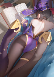 Rule 34 | 1girl, absurdres, ass, backless leotard, bare shoulders, black choker, black hair, book, bow, brown pantyhose, choker, couch, day, facing away, feet up, from above, from behind, genshin impact, gold footwear, gold trim, grimoire, hat, hat bow, high heels, highres, index finger raised, indoors, leotard, light particles, long hair, lying, messy room, mona (genshin impact), on couch, on stomach, open book, pantyhose, pile of books, purple leotard, reading, skindentation, solo, thighlet, twintails, water drop, witch hat, yeao951038794