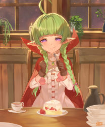 Rule 34 | 1girl, :t, absurdres, ahoge, blunt bangs, bow, braid, brown gloves, cake, candle, cape, closed mouth, commission, cup, dress, eating, fire emblem, fire emblem awakening, food, fork, fruit, gloves, green hair, head tilt, highres, holding, holding fork, indoors, kiriyama2109, light smile, long hair, looking at viewer, nah (fire emblem), nintendo, plant, pointy ears, potted plant, purple eyes, red bow, red cape, saucer, signature, sitting, skeb commission, solo, strawberry, strawberry shortcake, teacup, twin braids, white dress, window