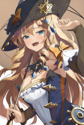 Rule 34 | 1girl, absurdres, black hat, blonde hair, blue eyes, breasts, cleavage, detached collar, detached sleeves, drill hair, genshin impact, hat, hayaku koko, highres, holding, holding umbrella, looking at viewer, medium breasts, navia (genshin impact), open mouth, simple background, smile, solo, teeth, umbrella, upper teeth only, white background