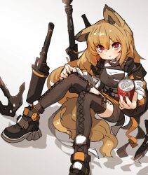Rule 34 | 1girl, amonitto, animal ears, arknights, axe, belt, black dress, blonde hair, boots, breasts, brown footwear, brown hair, brown thighhighs, can, ceobe (arknights), closed mouth, coat, dress, drink can, holding, holding can, knees up, long hair, looking at viewer, off shoulder, open clothes, open coat, planted, planted sword, planted weapon, red eyes, shadow, short dress, sitting, small breasts, soda can, solo, sword, tail, thigh boots, thighhighs, very long hair, weapon