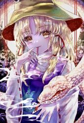 Rule 34 | 1girl, animal print, blonde hair, breasts, brown hat, commentary request, eyelashes, finger to mouth, forked tongue, frog, frog print, hair ribbon, hand up, hat, highres, light smile, long sleeves, long tongue, looking at viewer, medium hair, mishaguji, moriya suwako, parted bangs, purple vest, pyonta, red eyes, red ribbon, ribbon, ribbon trim, shirt, slit pupils, small breasts, snake, solo, suzushina, tongue, tongue out, touhou, turtleneck, twitter username, upper body, vest, white shirt, white snake, wide sleeves, yellow eyes