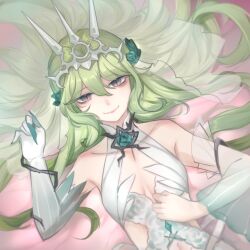 Rule 34 | 1girl, alternate color, bare shoulders, bed, breasts, claw ring, cleavage, closed mouth, crown, dress, flower, from above, gloves, green eyes, green flower, green hair, green rose, hair flower, hair ornament, highres, honkai (series), honkai impact 3rd, hulai de gou sheng, long hair, looking at viewer, lying, medium breasts, mobius (honkai impact), rose, single glove, single sleeve, slit pupils, small breasts, smile, solo, white dress, white sleeves