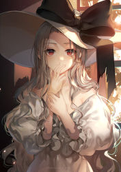 Rule 34 | 1girl, a maru, artist name, bad id, bad pixiv id, bare shoulders, black bow, blush, bow, collarbone, commentary request, dress, fingers to mouth, hat, hat bow, highres, large hat, long sleeves, looking at viewer, original, puffy long sleeves, puffy sleeves, red eyes, smile, solo, torn bow, white dress, white hat