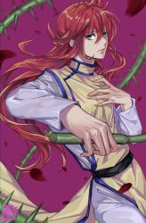 Rule 34 | 1boy, belt buckle, buckle, chinese clothes, cowboy shot, fighting stance, green eyes, hair between eyes, halu-ca, hand on own chest, high collar, highres, holding, holding whip, jumpsuit, kurama (yu yu hakusho), long hair, looking at viewer, male focus, purple background, red hair, solo, thorns, vine whip, white jumpsuit, yellow tunic, yuu yuu hakusho
