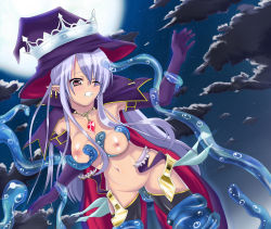 Rule 34 | 1girl, armpits, blush, grabbing another&#039;s breast, breasts, cape, clenched teeth, cloud, earrings, elbow gloves, fatima, gloves, grabbing, groin, hat, highres, jewelry, long hair, luminous arc, luminous arc 2, monster, moon, navel, night, nipples, pendant, pointy ears, purple hair, rape, restrained, sky, teeth, tentacles, thighhighs, wince, witch, witch hat