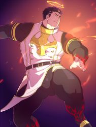 Rule 34 | 1boy, armor, bara, black bodysuit, black hair, bodysuit, breastplate, bulge, clothes lift, embers, facial hair, fighting stance, fire, flaming halo, gluteal fold, halo, highres, hip vent, kaniharu, large pectorals, leg up, looking to the side, male focus, mature male, muscular, muscular male, pectorals, pelvic curtain, pelvic curtain lift, short hair, sideburns, solo, stubble, thick thighs, thighs, tokyo houkago summoners, zabaniyya (housamo)