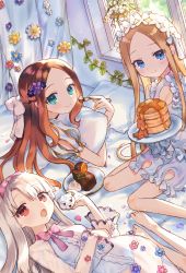 Rule 34 | 3girls, abigail williams (fate), alternate costume, blonde hair, blue eyes, blush, bow, braid, breasts, brown hair, cake, cleavage cutout, closed mouth, clothing cutout, cookie, dress, fate/grand order, fate (series), feet, flower, food, forehead, fork, french braid, hair bow, hairband, illyasviel von einzbern, legs, leonardo da vinci (fate), leonardo da vinci (fate/grand order), leonardo da vinci (rider) (fate), long hair, long sleeves, looking at viewer, lying, maid headdress, multiple girls, neck ribbon, nekoyashiki pushio, on back, on stomach, open mouth, pancake, parted bangs, pillow, plate, red eyes, ribbon, sidelocks, sitonai (fate), sitting, sleeves past fingers, sleeves past wrists, small breasts, smile, stuffed animal, stuffed toy, teddy bear, wariza, white bow, white dress, white hair, window