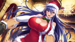 Rule 34 | 1boy, 1girl, :d, action taimanin, akiyama rinko, antlers, arch, ballroom, bare shoulders, blue hair, breasts, chandelier, christmas, cleavage, cleavage cutout, clothing cutout, cup, dress, drinking glass, faceless, faceless male, fur collar, fur trim, fuuma kotarou (taimanin series), game cg, gloves, hat, head out of frame, highres, horns, huge breasts, light, lilith-soft, long hair, looking at another, looking at viewer, open mouth, pov, purple eyes, red dress, reindeer antlers, reindeer hat, santa costume, santa hat, smile, sparkle, taimanin (series), taimanin yukikaze, tan, very long hair, white gloves, wine glass