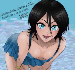 Rule 34 | 1girl, absurdres, areola slip, artist name, black hair, bleach, blue dress, blue eyes, breasts, cleavage, dress, highres, jewelry, kuchiki rukia, lips, looking at viewer, mikleodeus, nipple slip, nipples, ocean, open mouth, small breasts, smile, solo
