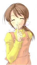 Rule 34 | 00s, 1girl, apron, brown hair, closed eyes, finger to mouth, highres, index finger raised, ito noizi, sakai chigusa, shakugan no shana, simple background, smile, solo, striped, sweater, upper body, vertical stripes, white background