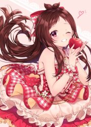 Rule 34 | 1girl, antenna hair, apple, bare shoulders, belly chain, blush, breasts, brown hair, cleavage, collarbone, dress, flower, food, frilled dress, frills, fruit, grin, hair ribbon, hands up, heart, heart necklace, highres, holding, holding food, holding fruit, idolmaster, idolmaster cinderella girls, idolmaster cinderella girls starlight stage, jewelry, layered dress, long hair, looking at viewer, medium breasts, necklace, one eye closed, pink background, plaid, plaid dress, red dress, red ribbon, ribbon, scrunchie, sleeveless, sleeveless dress, smile, solo, tsujino akari, usano, white flower