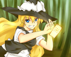 Rule 34 | 1girl, apron, bad id, bad pixiv id, bamboo, bamboo forest, blonde hair, blue eyes, bow, braid, cheungchz, female focus, forest, grin, hat, holding, holding hat, kirisame marisa, long hair, looking at viewer, nature, short sleeves, smile, solo, spell card, touhou, trigram, vest, witch, witch hat
