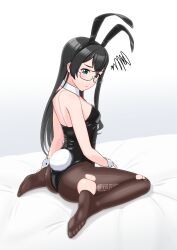 Rule 34 | 1girl, animal ears, ass, black hair, black leotard, black pantyhose, breasts, commentary request, detached collar, fake animal ears, from behind, geometrie, glasses, green eyes, highres, kantai collection, leotard, long hair, looking at viewer, looking back, necktie, ooyodo (kancolle), pantyhose, playboy bunny, rabbit ears, rabbit tail, red necktie, semi-rimless eyewear, sitting, small breasts, solo, strapless, strapless leotard, tail, under-rim eyewear, wariza, white background, wrist cuffs
