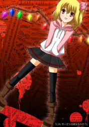 Rule 34 | 1girl, :p, alternate costume, bass clef, beamed quavers, blonde hair, boots, casual, contemporary, female focus, flandre scarlet, hands in pockets, hood, hoodie, musical note, nigo (aozoragarou), platform footwear, platform heels, quaver, quaver rest, raglan sleeves, red eyes, sharp sign, sheet music, skirt, solo, staff (music), thighhighs, tongue, tongue out, touhou, treble clef, wings, zettai ryouiki