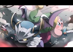 Rule 34 | armor, artist name, baku (baku325), bat wings, battlefield, copy ability, fighting stance, fire, gloves, glowing, glowing eyes, hat, highres, kirby, kirby (series), letterboxed, looking at another, mask, meta knight, nintendo, open mouth, pointy hat, shoulder armor, signature, sparks, sword, sword kirby, tongue, weapon, wings, yellow eyes