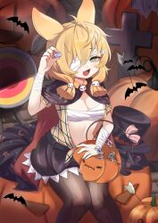 Rule 34 | 1girl, :d, animal ears, arknights, bandage over one eye, bandaged arm, bandages, bat (animal), black cape, black pantyhose, black skirt, blush, bone print, breasts, candy, cape, cleavage, commentary, fangs, food, green eyes, hair between eyes, hair ornament, halloween bucket, highres, holding, holding candy, holding food, kroos (arknights), kroos (the mag) (arknights), looking at viewer, medium breasts, medium hair, navel, no noru, one eye covered, open mouth, pantyhose, pumpkin, rabbit ears, red cape, sarashi, shirt, skirt, skull hair ornament, smile, solo, target, teeth, tongue, two-sided cape, two-sided fabric, upper teeth only, yellow shirt