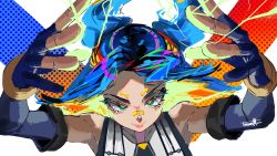 Rule 34 | 1girl, animification, arms up, blue hair, colored eyelashes, highres, multicolored eyes, multicolored hair, neon (valorant), sketch, smile, solo, tngkbmarlon, valorant
