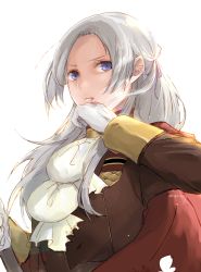 Rule 34 | 1girl, blood, blood from mouth, blue eyes, brown jacket, edelgard von hresvelg, fire emblem, fire emblem: three houses, gloves, jacket, long hair, long sleeves, looking at viewer, nintendo, robaco, simple background, solo, upper body, white background, white gloves, white hair