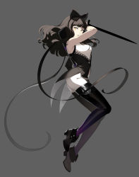 Rule 34 | 1girl, black hair, blake belladonna, boots, ein lee, highres, long hair, looking at viewer, official art, rwby, sheath, simple background, solo, sword, thighhighs, weapon, yellow eyes