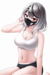 Rule 34 | 1girl, absurdres, black hair, breasts, cleavage, grey hair, hair ornament, highres, hololive, large breasts, looking at viewer, mask, mouth mask, multicolored hair, navel, red eyes, sakamata chloe, shira jun, short shorts, shorts, simple background, sitting, solo, sports bra, stomach, streaked hair, virtual youtuber, white background, white sports bra, x hair ornament