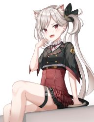 1girl, absurdres, animal ears, blue archive, blush, cat ears, cat tail, commentary, fang, hair ornament, highres, long hair, looking at viewer, mutsuki (blue archive), open mouth, red eyes, school uniform, side ponytail, silver hair, simple background, sitting, tail, thighs, white background, zeroillya