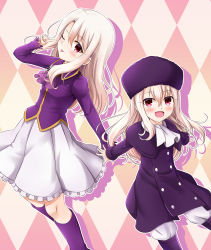 Rule 34 | 2girls, :d, ;p, age difference, argyle, argyle background, argyle clothes, arm up, ascot, blonde hair, blush, boots, buttons, capelet, coat, collared jacket, commentary request, double-breasted, fate/stay night, fate/zero, fate (series), frilled skirt, frills, fur hat, hair between eyes, hat, height difference, highres, illyasviel von einzbern, index finger raised, jacket, knee boots, long hair, long sleeves, looking at viewer, morokoshi (tekku), multiple girls, one eye closed, open mouth, outstretched arm, outstretched arms, pants, papakha, parted bangs, pink background, purple capelet, purple coat, purple footwear, purple hat, purple jacket, red eyes, shadow, sidelocks, sideways glance, skirt, smile, standing, time paradox, tongue, tongue out, white pants, white skirt