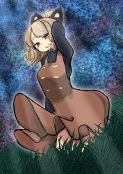Rule 34 | 1girl, arm up, black bow, black shirt, blonde hair, blush, bow, breasts, brown dress, buttons, collared shirt, commentary request, dress, dutch angle, feet out of frame, grass, hair bow, hair bun, highres, kurodani yamame, long dress, long sleeves, looking at viewer, medium breasts, medium hair, open mouth, pinafore dress, red eyes, rinyamame, shirt, sky, sleeveless dress, smile, solo, star (sky), starry sky, touhou