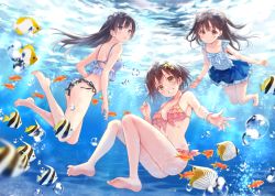 Rule 34 | 3girls, air bubble, angelfish, animal, ass, bare arms, bare shoulders, barefoot, bikini, black bikini, black hair, blue shirt, blue skirt, blush, bracelet, breasts, bubble, cleavage, closed mouth, commentary request, feet, fish, floating hair, floral print, freediving, front-tie top, fukahire (ruinon), grin, hair ornament, halterneck, jewelry, light rays, long hair, looking at viewer, medium breasts, miniskirt, mismatched bikini, multiple girls, navel, ocean, original, parted lips, pink bikini, plaid, school of fish, shirt, short hair, side-tie bikini bottom, skirt, sleeveless, sleeveless shirt, smile, star (symbol), star hair ornament, sunlight, swimsuit, thighs, tropical fish, two side up, underwater, water