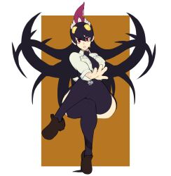 Rule 34 | absurdres, border, breasts, crossed legs, filia (skullgirls), full body, highres, jumboji, large breasts, looking at viewer, necktie, orange background, outstretched hand, parted lips, pleated skirt, prehensile hair, red eyes, samson (skullgirls), school uniform, sharp teeth, shoes, sitting, skirt, skullgirls, sweat, teeth, thick thighs, thighhighs, thighs, tongue, tongue out, white border, wide hips, yellow eyes