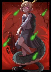 Rule 34 | 1girl, 584koyashi, antlers, black footwear, blonde hair, blue bow, blue shirt, bow, dragon girl, dragon horns, dragon tail, fur-tipped tail, green scales, green tail, highres, horns, kicchou yachie, looking at viewer, monster girl, red eyes, shirt, short hair, slit pupils, square neckline, tail, touhou, turtle shell, yellow horns