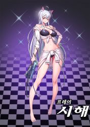 Rule 34 | 1girl, animal ears, bare shoulders, breasts, cat ears, cleavage, collarbone, dungeon and fighter, female gunner (dungeon and fighter), female ranger (dungeon and fighter), gun, hand on own hip, handgun, highres, holding, holding gun, holding weapon, kim jin sung, large breasts, long hair, looking at viewer, navel, orange eyes, revolver, silver hair, solo, weapon