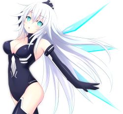 Rule 34 | 10s, 1girl, :o, aqua eyes, arm up, bare shoulders, black gloves, black heart (neptunia), black thighhighs, blush, breasts, cleavage, cleavage cutout, clothing cutout, cowboy shot, detached wings, elbow gloves, female focus, floating hair, from side, gloves, hair between eyes, halterneck, head tilt, kiri frog, kirimoti34, large breasts, leotard, long hair, looking at viewer, looking back, magical girl, neptune (series), noire (neptunia), open mouth, power symbol, power symbol-shaped pupils, raised eyebrows, solo, surprised, symbol-shaped pupils, thighhighs, turtleneck, very long hair, white hair, wings