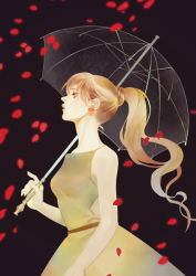 Rule 34 | bishoujo senshi sailor moon, brown hair, dress, earrings, flower earrings, green dress, highres, jewelry, kidchan, kino makoto, petals, ponytail, solo, umbrella