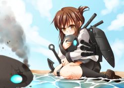 Rule 34 | 10s, 1girl, brown hair, folded ponytail, hug, i-class destroyer, inazuma (kancolle), kagetsu too, kantai collection, long hair, machinery, neckerchief, sitting, skirt, solo, tears, wariza, water, wet, yellow eyes