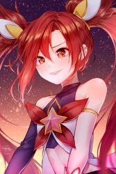 Rule 34 | 1girl, alternate costume, alternate hair color, alternate hairstyle, bare shoulders, bow, covered collarbone, gradient background, hair ornament, highres, jinx (league of legends), league of legends, long hair, magical girl, makeup, red bow, red eyes, red hair, red neckwear, solo, star guardian (league of legends), star guardian jinx, twintails, very long hair