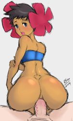 Rule 34 | 00s, 1boy, 1girl, anal, artist name, ass, back, bare shoulders, black hair, blue eyes, blush, bottomless, breasts, creatures (company), dark skin, elite four, erection, game freak, hetero, highres, holding own arm, interracial, large breasts, looking at viewer, looking back, nintendo, open mouth, penis, phoebe (pokemon), pokemon, pokemon rse, pov, randomboobguy, sex, short hair, strapless, tube top, uncensored, underboob