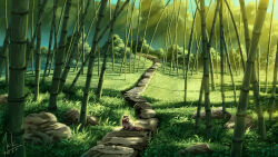 Rule 34 | animal, bamboo, blurry, blurry background, dated, day, forest, grass, green theme, highres, kkdraw, nature, no humans, original, outdoors, path, raccoon, road, rock, scenery, signature, stone walkway, sunlight, tree