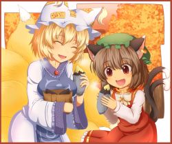 Rule 34 | :d, ^ ^, animal ear fluff, animal ears, animal hat, autumn, blonde hair, breasts, brown hair, cat ears, cat tail, chen, closed eyes, dress, earrings, fang, food, fox ears, fox tail, gold trim, hat, holding, holding food, jewelry, kusiyan, large breasts, mob cap, multiple tails, nekomata, open mouth, mob cap, red dress, red eyes, short hair, single earring, smile, sweet potato, tabard, tail, touhou, two tails, white dress, yakumo ran