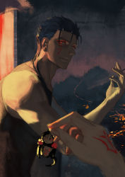 Rule 34 | absurdres, biceps, blue hair, cigarette, command spell, cu chulainn (fate), cu chulainn alter (fate), expressionless, facepaint, fate/grand order, fate (series), glowing, glowing eyes, highres, holding, holding cigarette, long hair, male focus, mini cu-chan (fate), muscular, muscular male, red eyes, shanguisantai, spiked hair, tank top