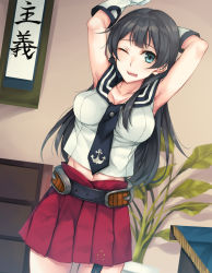 Rule 34 | 10s, 1girl, agano (kancolle), armpits, arms up, bare shoulders, belt, black hair, blue eyes, breasts, cleavage, collarbone, cowboy shot, crop top, dutch angle, gloves, hanging scroll, highres, kantai collection, long hair, looking at viewer, midriff, miniskirt, navel, necktie, official art, one eye closed, open mouth, pleated skirt, red skirt, rinarisa, school uniform, scroll, serafuku, shirt, skirt, sleeveless, sleeveless shirt, solo