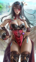 Rule 34 | 1girl, arm rest, beidou (genshin impact), black hair, black thighhighs, breasts, cleavage, colored eyepatch, cowboy shot, donyta, eyepatch, fingerless gloves, genshin impact, gloves, hair ornament, hair stick, large breasts, long hair, looking at viewer, nail polish, open mouth, outdoors, red eyes, skindentation, solo, taut clothes, thighhighs, thighs, very long hair
