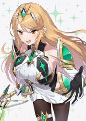 Rule 34 | 1girl, absurdres, aegis sword (xenoblade), backless outfit, bare legs, blonde hair, blush, breasts, chest jewel, dress, elbow gloves, gloves, green322, highres, large breasts, long hair, looking at viewer, microdress, mythra (massive melee) (xenoblade), mythra (xenoblade), open mouth, smile, solo, swept bangs, sword, tiara, weapon, white dress, white gloves, xenoblade chronicles (series), xenoblade chronicles 2, yellow eyes