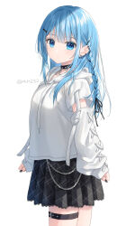 Rule 34 | 1girl, anz32, black choker, black nails, black ribbon, black skirt, blue eyes, blue hair, braid, choker, closed mouth, commentary, drawstring, hair ornament, hair ribbon, hairclip, highres, hood, hood down, hoodie, long hair, long sleeves, looking at viewer, nail polish, original, pleated skirt, puffy long sleeves, puffy sleeves, ribbon, simple background, skirt, sleeves past wrists, solo, standing, symbol-only commentary, thigh strap, twitter username, very long hair, white background, white hoodie
