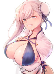 Rule 34 | 10eki (tenchou), 1girl, absurdres, arm under breasts, asymmetrical hair, backlighting, bikini, blue bikini, blue eyes, blue one-piece swimsuit, blurry, blush, breasts, bun cover, cleavage, collarbone, criss-cross halter, depth of field, fate/grand order, fate (series), from side, grin, hair between eyes, hair bun, halterneck, hand on own chest, highres, large breasts, long hair, looking at viewer, miyamoto musashi (fate), miyamoto musashi (fate/grand order), miyamoto musashi (swimsuit berserker) (fate), miyamoto musashi (swimsuit berserker) (third ascension) (fate), one-piece swimsuit, pink hair, see-through, side bun, simple background, single side bun, smile, solo, standing, swept bangs, swimsuit, tareme, white background, white one-piece swimsuit