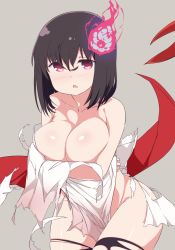 Rule 34 | 1girl, :o, black hair, black thighhighs, blush, breast hold, breasts, covering privates, covering breasts, fire, ghost, grey background, hair between eyes, highres, hitodama, japanese clothes, kimono, large breasts, looking at viewer, medium hair, nose blush, obi, open mouth, red eyes, sash, simple background, solo, thighhighs, torn clothes, torn kimono, torn thighhighs, towa rui, towa rui (artist), towa rui channel, virtual youtuber, white kimono