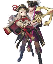 Rule 34 | 1boy, 1girl, blonde hair, boots, detached sleeves, fire emblem, fire emblem fates, fire emblem heroes, full body, grey hair, hat, highres, knee boots, long sleeves, male focus, nintendo, official alternate costume, official art, pants, pirate hat, red eyes, red thighhighs, skirt, thighhighs, transparent background, veronica (fire emblem), xander (fire emblem), xander (pirate) (fire emblem), zettai ryouiki