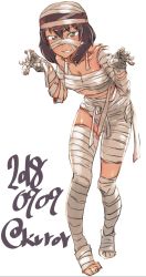 Rule 34 | 10s, 1girl, abaratani kurou, alternate costume, bandages, brown hair, claw pose, commentary, dark-skinned female, dark skin, dated, full body, girls und panzer, green eyes, grin, halloween costume, highres, hoshino (girls und panzer), leaning forward, looking at viewer, mummy costume, one-hour drawing challenge, short hair, simple background, smile, solo, standing, twitter username, white background
